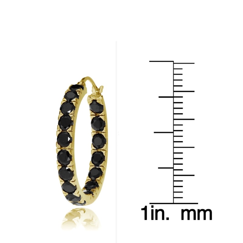 Gold Tone Over Sterling Silver Black Cubic Zirconia Inside Out 3X20 Mm Round Hoop Earrings
