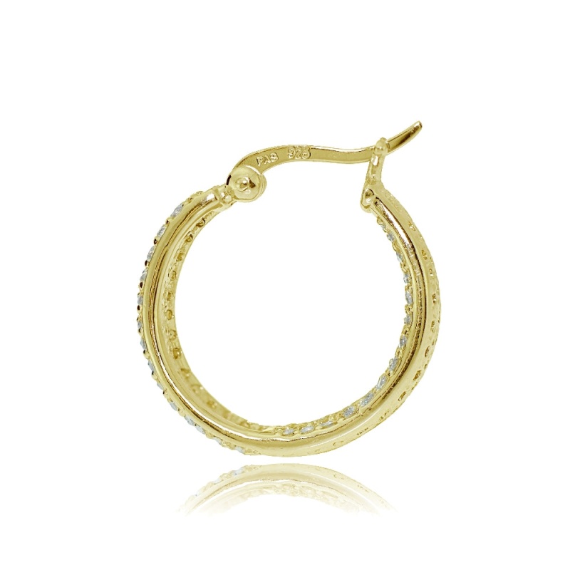 Gold Tone Over Sterling Silver Cubic Zirconia Inside-Out Fashion Huggie Hoop Earrings