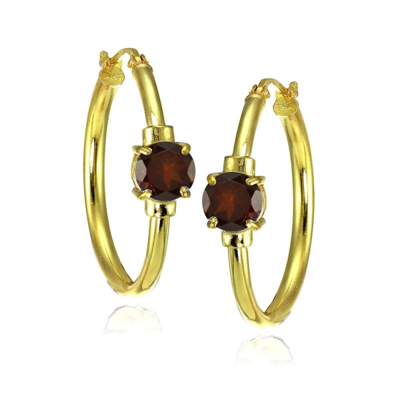 Yellow Gold Flashed Sterling Silver Garnet Solitaire 25Mm Hoop Earrings