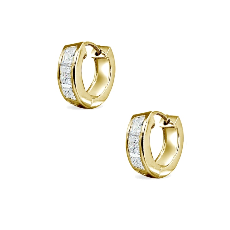 Gold Flash Sterling Silver Swarovski Zirconia Princess-Cut Set Oval Small Huggie Hoop Earrings