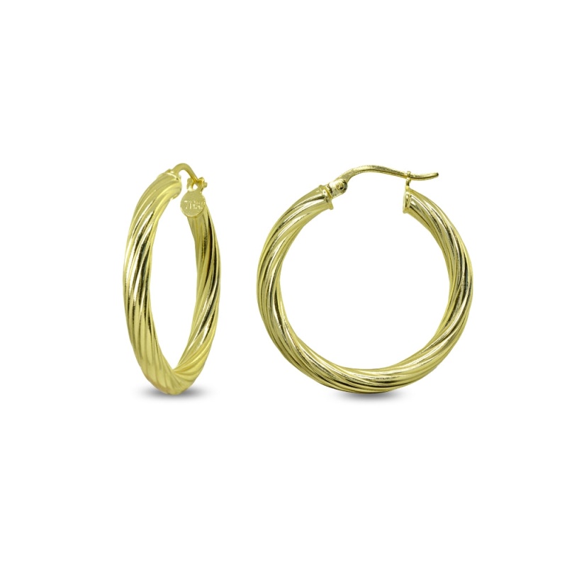 Yellow Gold Flashed Sterling Silver Polished 3X30mm Twist Round Click-Top Medium Hoop Earrings