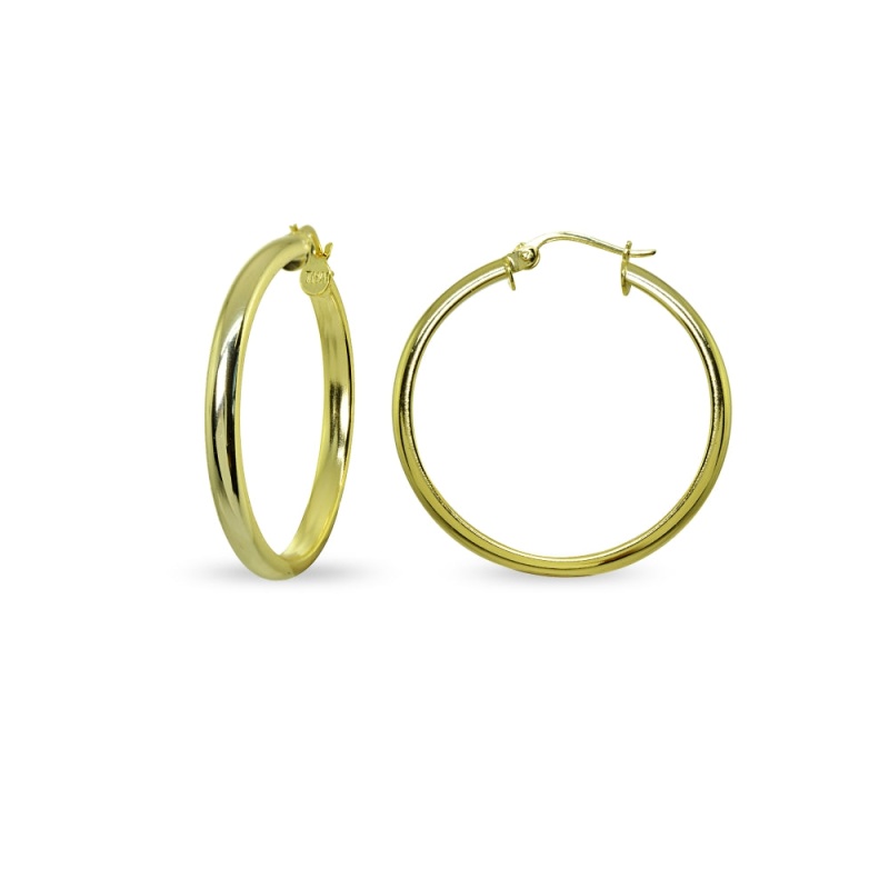 Yellow Gold Flashed Sterling Silver Polished 3X30mm Half Round Click-Top Medium Hoop Earrings