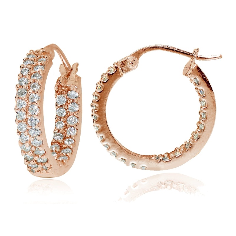 Rose Gold Flash Sterling Silver Cubic Zirconia 3X16mm Two Row Inside-Out Hoop Earrings