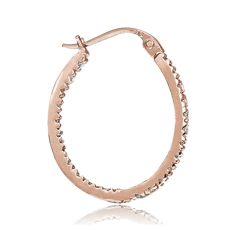 Rose Gold Tone Over Sterling Silver Cubic Zirconia Inside Out 20Mm Oval Hoop Earrings