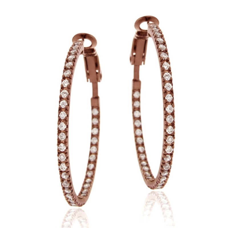 Rose Gold Tone Over Sterling Silver Cubic Zirconia Inside Out 35Mm Round Hoop Earrings