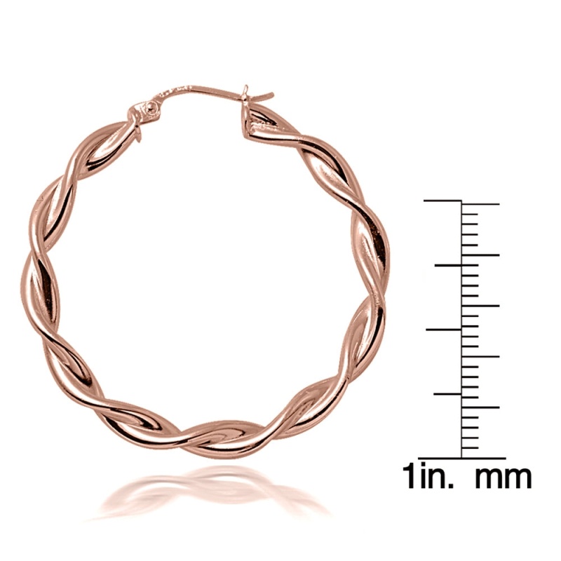 Rose Gold Flash Sterling Silver 3Mm Twist Polished Hoop Earrings, 35Mm