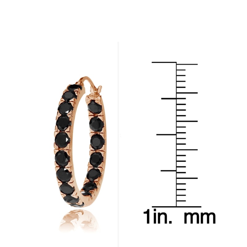 Rose Gold Tone Over Sterling Silver Black Cubic Zirconia Inside Out 3X20 Mm Round Hoop Earrings