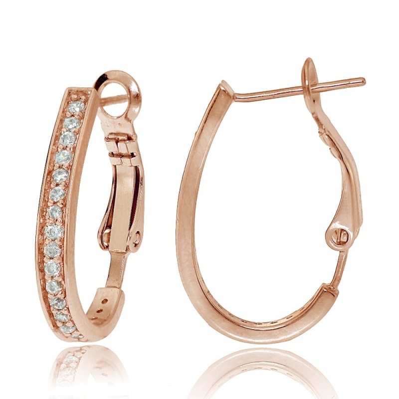 Rose Gold Tone Sterling Silver Cubic Zirconia Oval J-Hoop Earrings, 20Mm