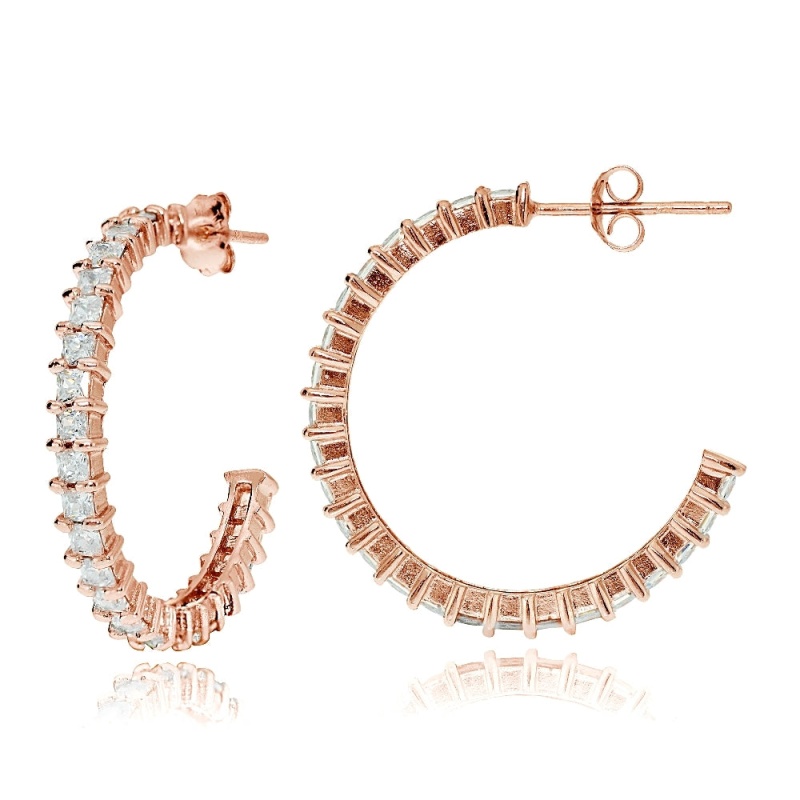 Rose Gold Flash Sterling Silver Square Cubic Zirconia Half Hoop Earrings, 25Mm