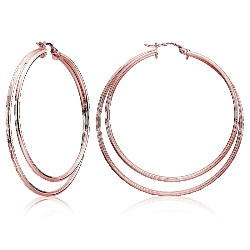 Rose Gold Flashed Sterling Silver Double Circle Square-Tube Diamond Cut 45Mm Round Hoop Earrings