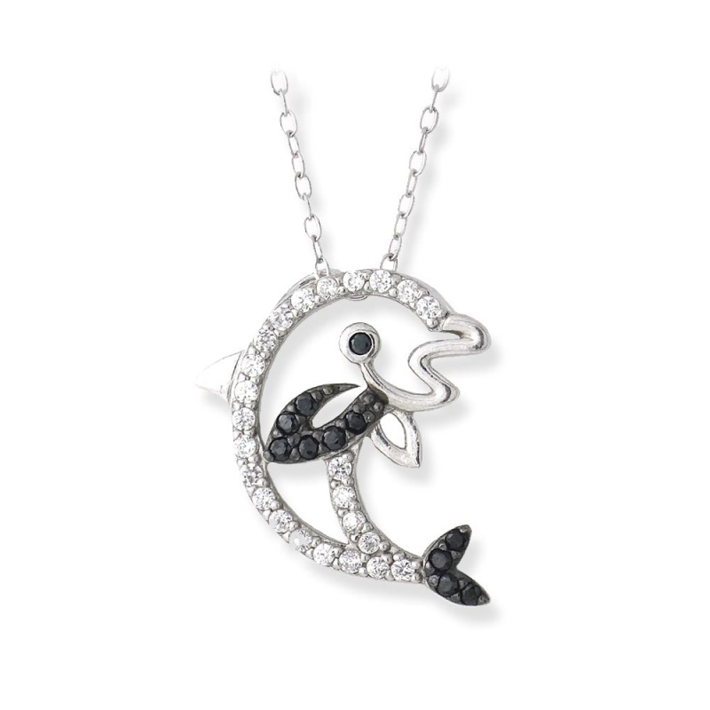Sterling Silver Black & White Cz Dolphin Necklace