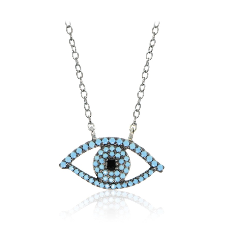 Sterling Silver Nano Created Turquoise And Black Cubic Zirconia Evil Eye Necklace