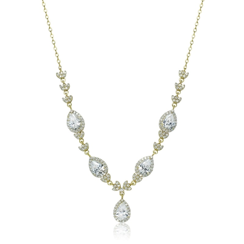 Yellow Gold Flashed Sterling Silver Cubic Zirconia Teardrop Evening Statement Necklace
