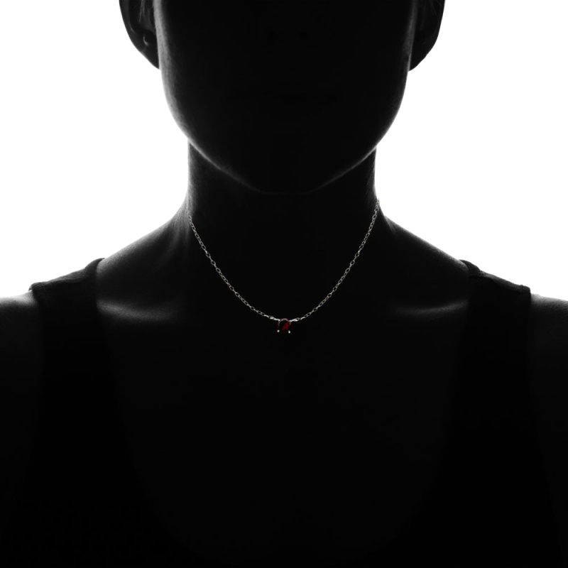 Sterling Silver Small Dainty Round Garnet Choker Necklace