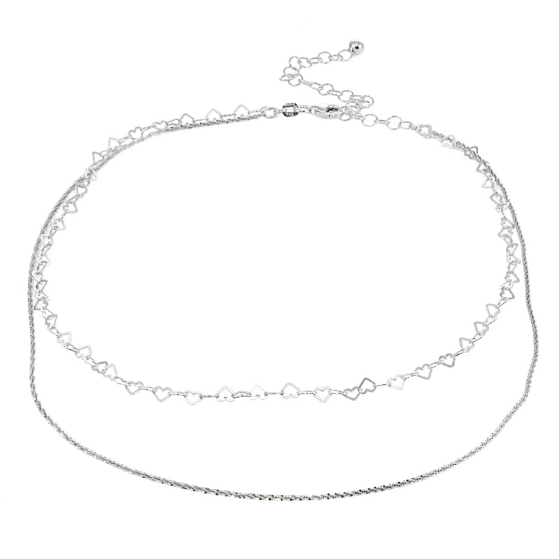 Sterling Silver Mirror Twist Rope & Open Heart Italian Chain Choker Layered Necklace