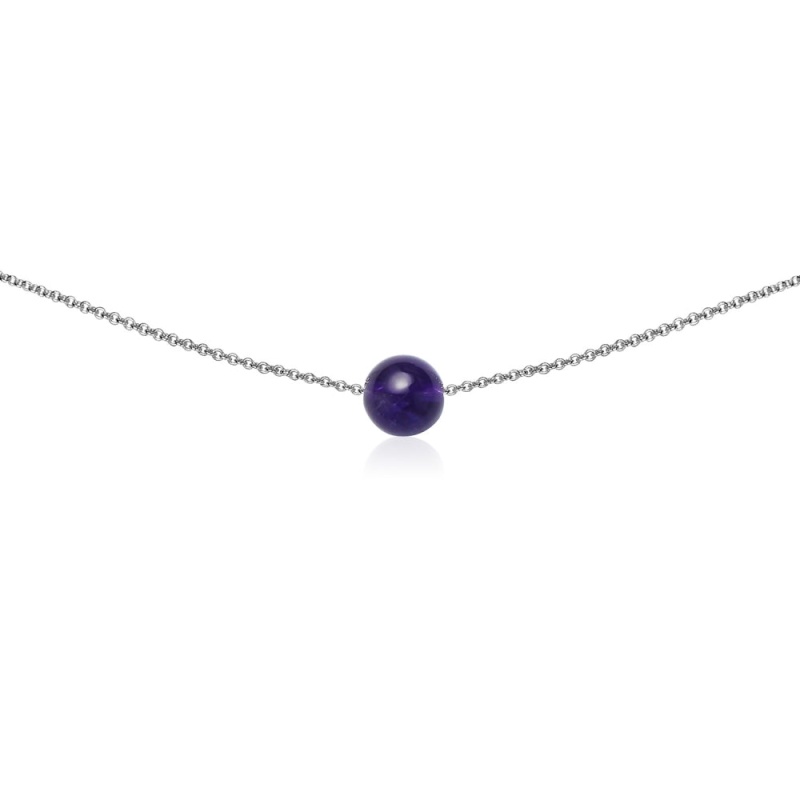 Sterling Silver Created Amethyst 8Mm Bead Ball Dainty Choker Necklace