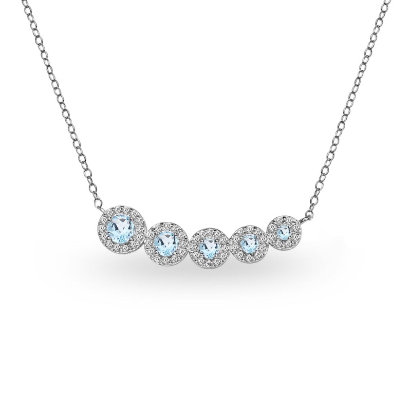Sterling Silver Blue Topaz Graduated Journey Necklace With White Topaz Accents