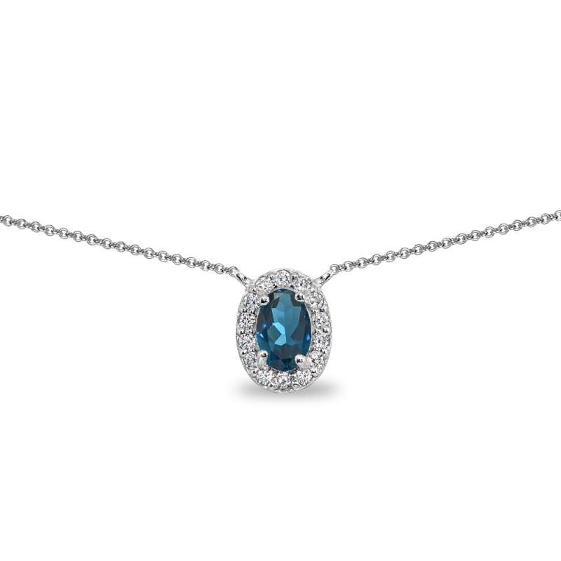 Sterling Silver Lonodn Blue Topaz Oval Halo Choker Necklace With Cz Accents