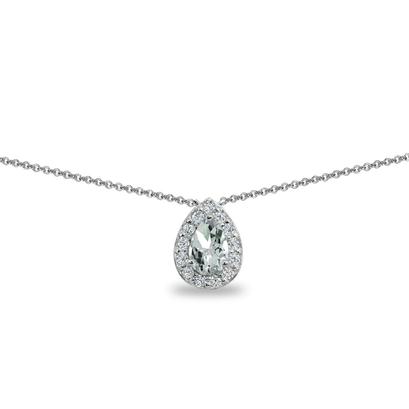 Sterling Silver Aquamarine Teardrop Halo Choker Necklace With Cz Accents