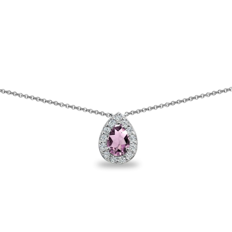 Sterling Silver Created Alexandrite Teardrop Halo Choker Necklace With Cz Accents