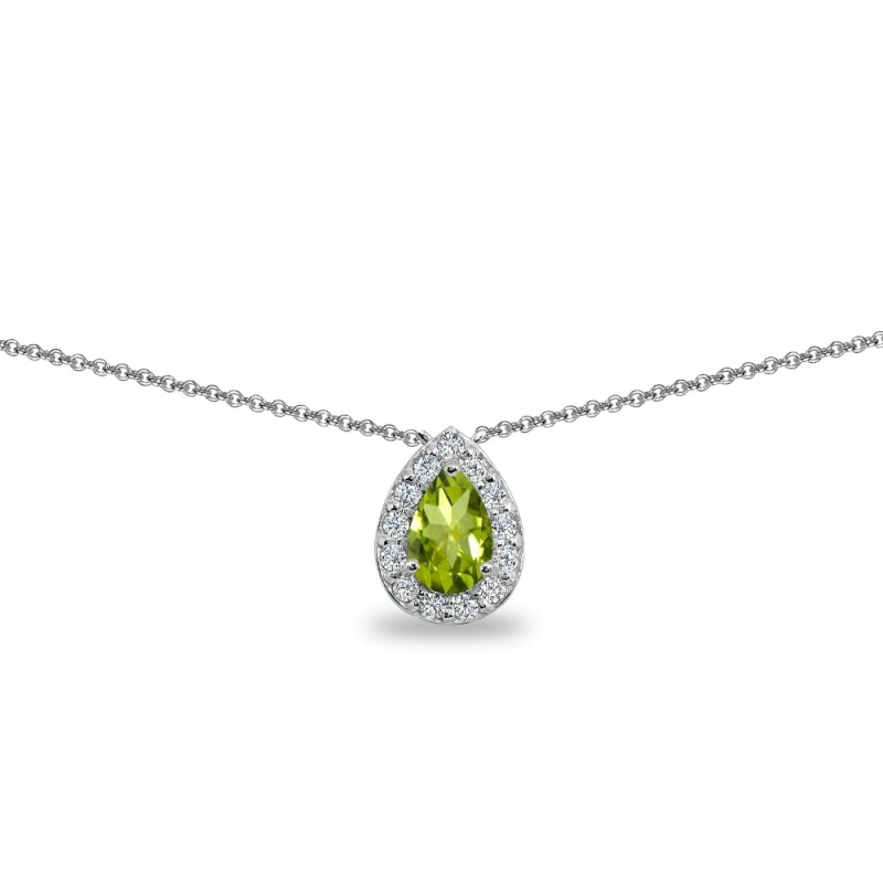 Sterling Silver Peridot Teardrop Halo Choker Necklace With Cz Accents