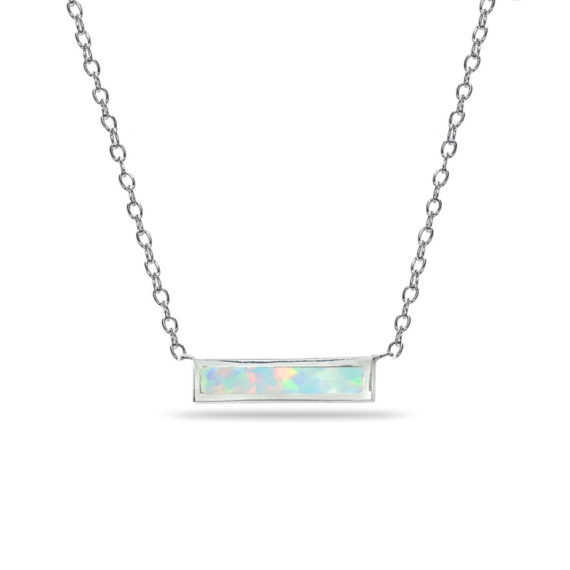 Sterling Silver Polished Created White Opal Minimalist Dainty Thin Horizontal Bar Necklace