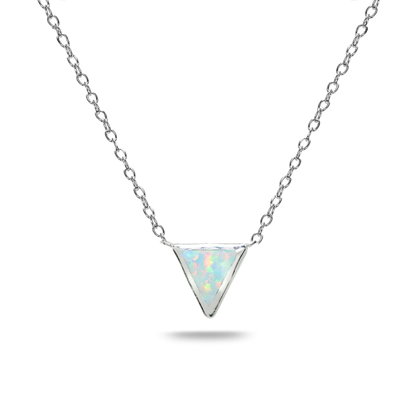 Sterling Silver Polished Created White Opal Triangle Minimalist Dainty Necklace