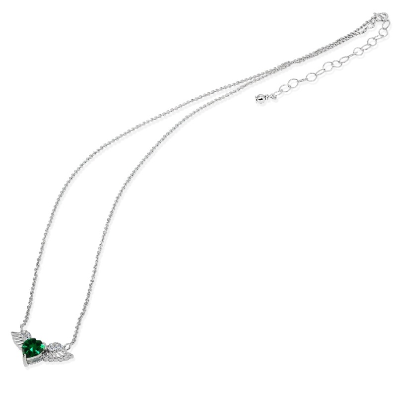 Sterling Silver Polished Created Emerald & Cz Heart Angel Wings Necklace, 15 Inch + Extender