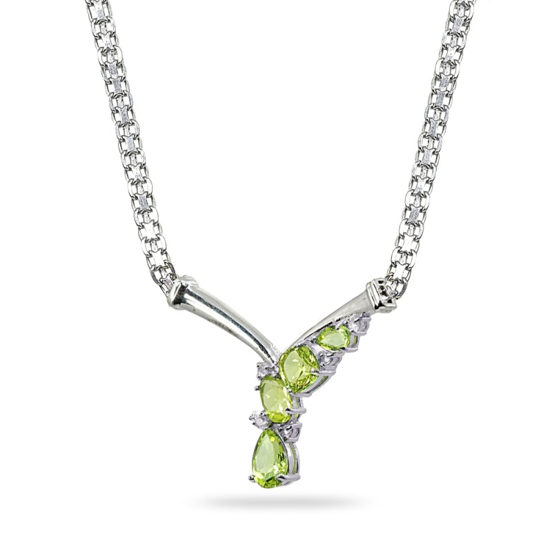 Sterling Silver Peridot & White Topaz Mesh Chain Statement Cocktail V Drop Necklace