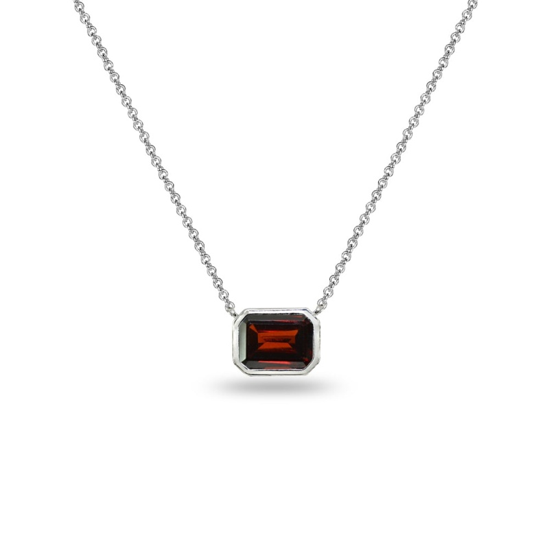 Sterling Silver Garnet 8X6mm Octagon-Cut Bezel-Set Solitaire Dainty Choker Necklace