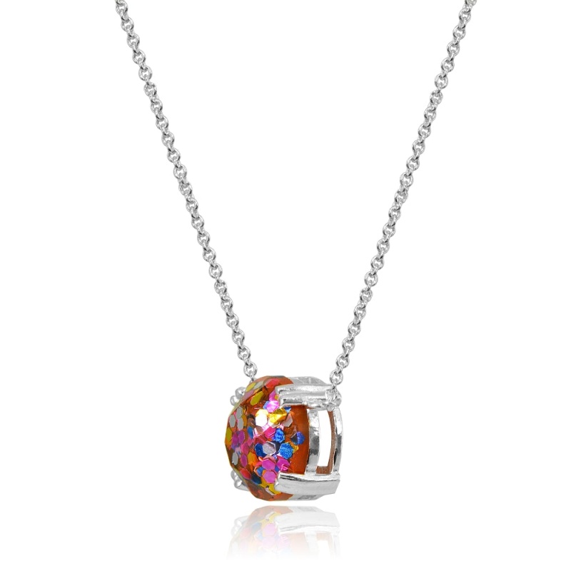 Sterling Silver Multi Color Glitter 10Mm Round Dainty Necklace