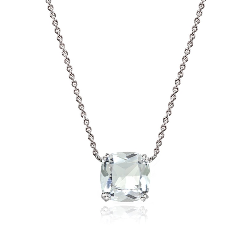 Sterling Silver Clear Crystal 10Mm Cushion-Cut Solitaire Polished Dainty Necklace
