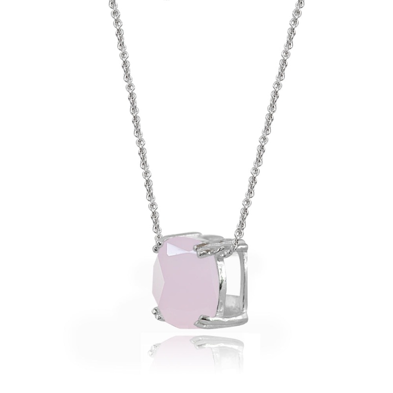Sterling Silver Pink Crystal 10Mm Cushion-Cut Solitaire Polished Dainty Necklace