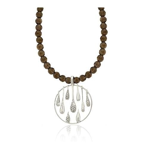Sterling Silver Faceted Smoky Quartz Beads & Cz Teardrop Circle Necklace