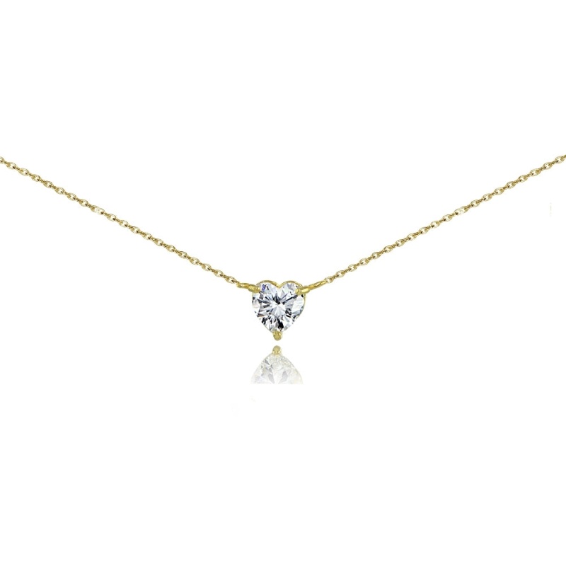 Yellow Gold Flashed Sterling Silver Cubic Zirconia 6Mm Heart Solitaire Necklace