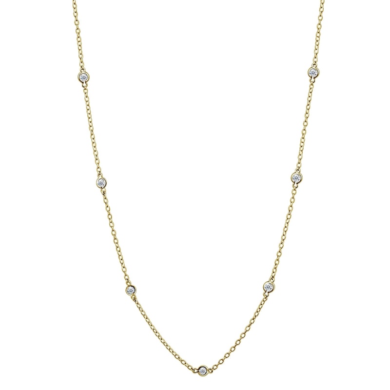 Yellow Gold Flashed Sterling Silver Cz Station Dainty Chain Necklace, 36 Inches