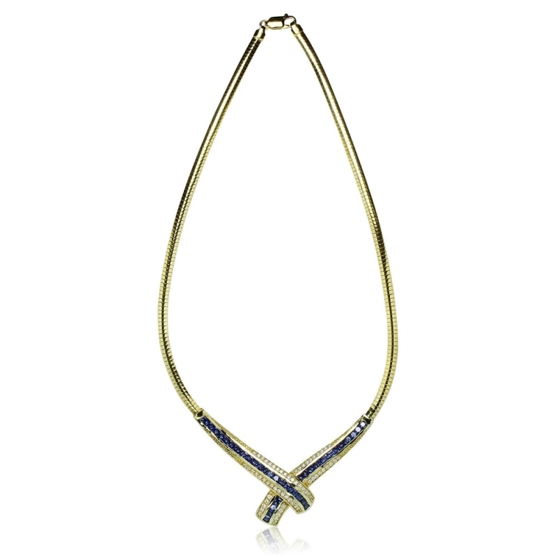 Yellow Gold Flashed Sterling Silver Blue Cubic Zirconia Evening Statement Necklace