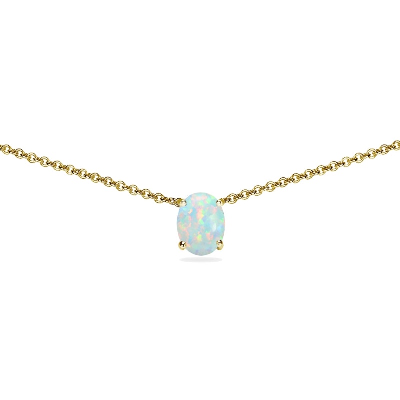 Yellow Gold Flashed Sterling Silver Created White Opal 7X5mm Oval Dainty Choker Necklace