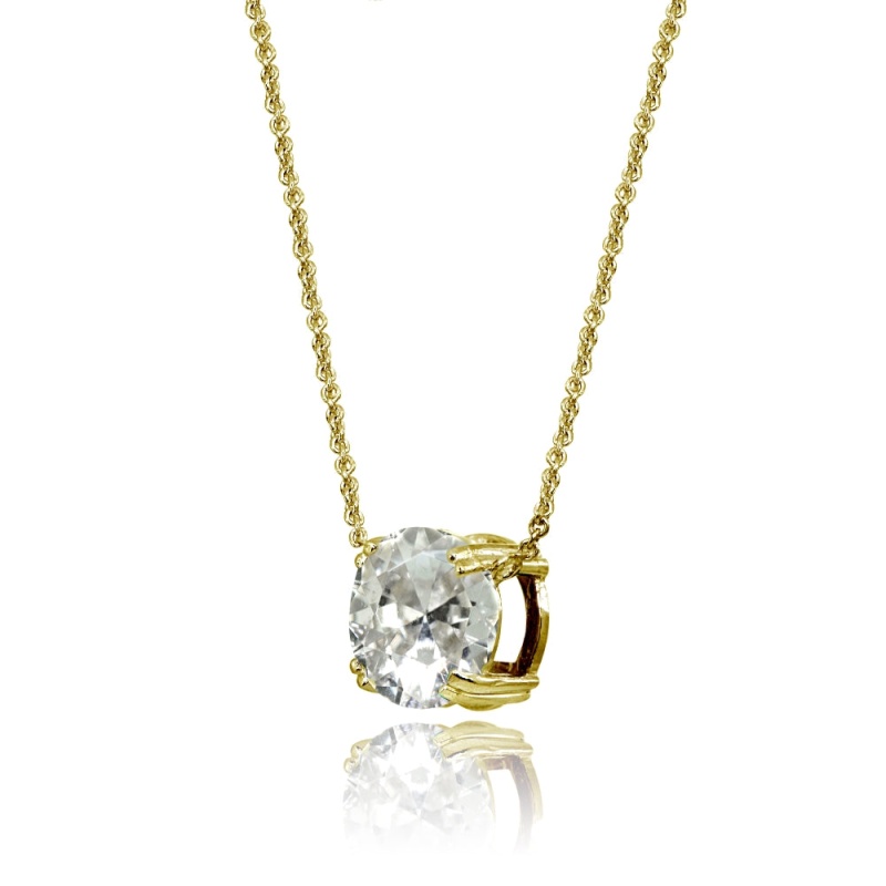 Yellow Gold Flashed Sterling Silver Clear Crystal 10Mm Round Solitaire Polished Dainty Necklace