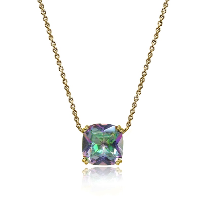 Yellow Gold Flashed Sterling Silver Created Mult Colored Topaz 10Mm Cushion-Cut Solitaire Polished Dainty Necklace