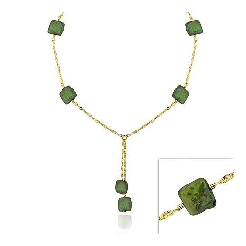 18K Gold Over Sterling Silver Green Freshwater Cultured Square Coin Pearl Lariat Necklace