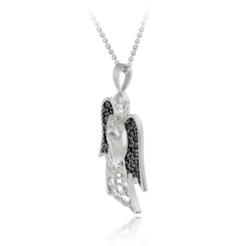 Sterling Silver Black Diamond Accent Filigree Angel And Baby Pendant
