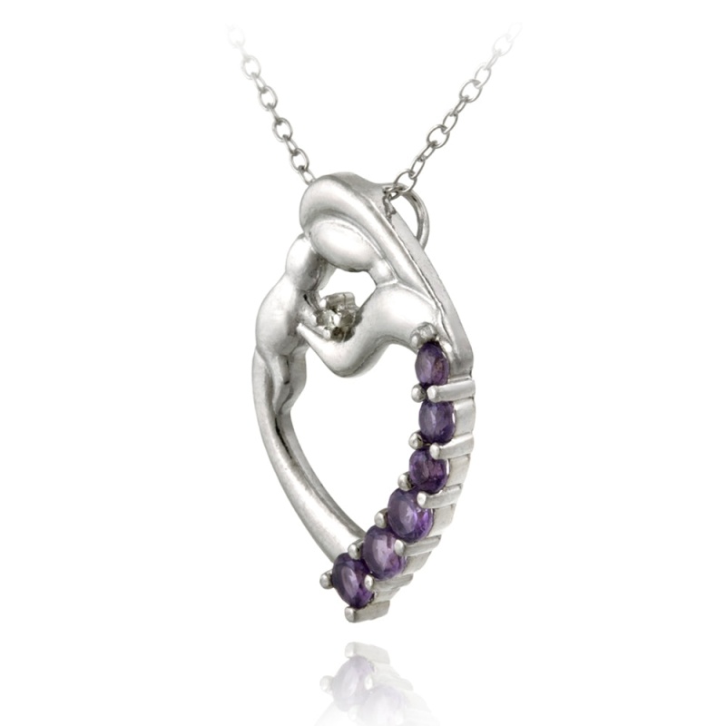 Sterling Silver Amethyst & Diamond Accent Mother And Baby Heart Necklace