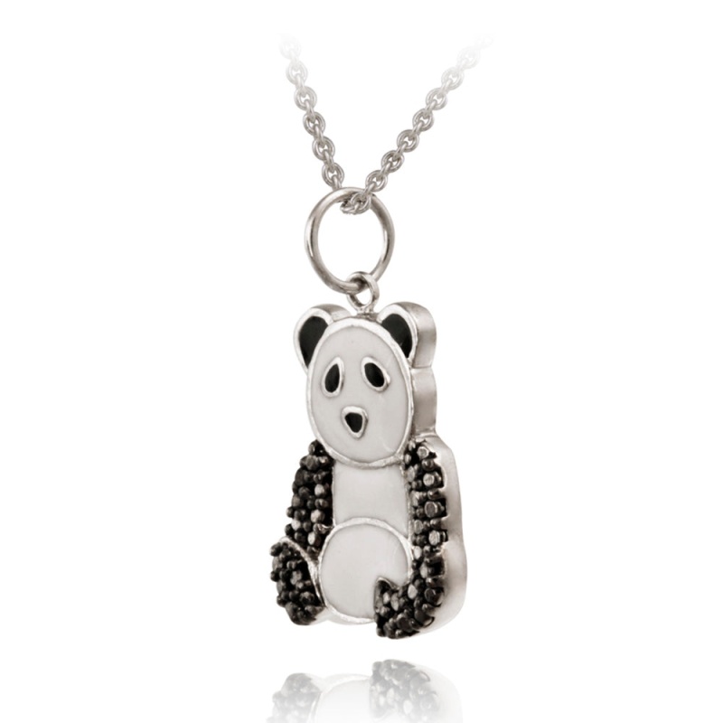 Sterling Silver Black Diamond Accent Enamel Panda Bear Pendant