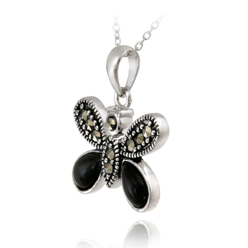 Sterling Silver Marcasite & Onyx Butterfly Pendant