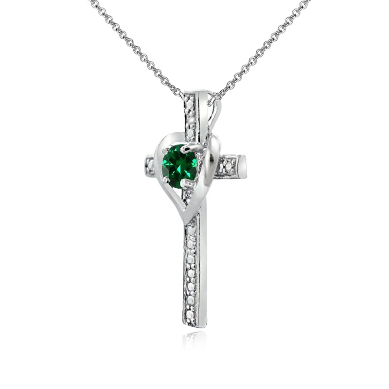 Sterling Silver Created Emerald Cross Heart Pendant Necklace For Girls, Teens Or Women