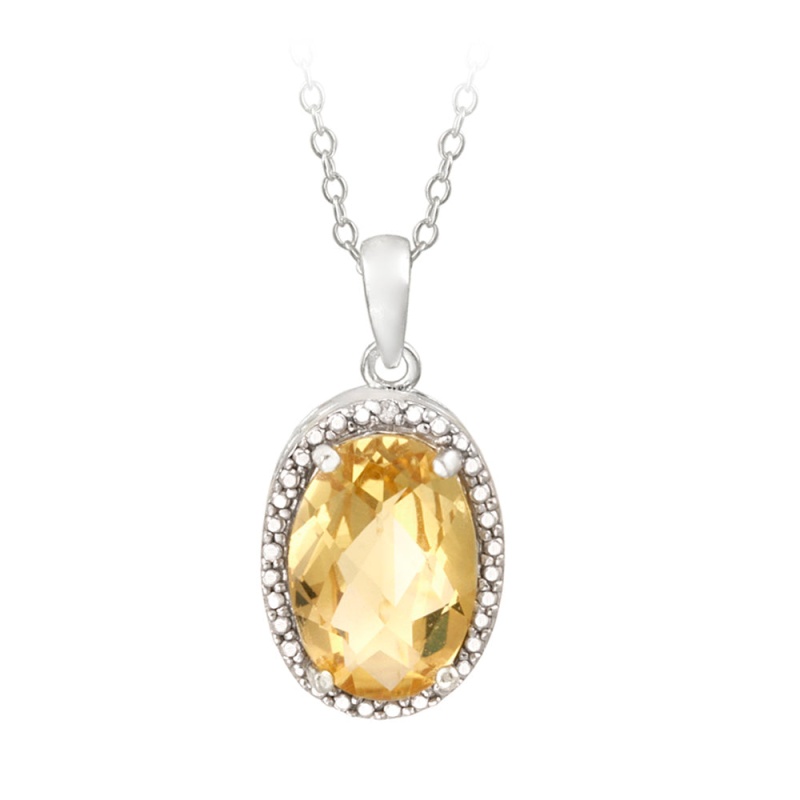 Sterling Silver 4Ct Citrine & Diamond Accent Oval Necklace