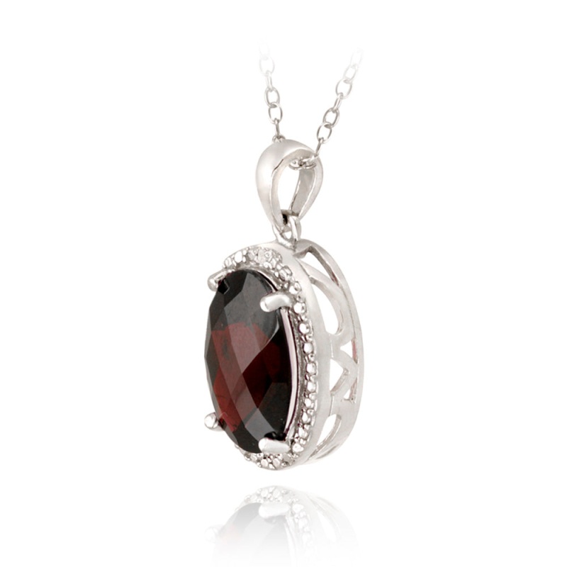 Sterling Silver 5.5Ct Garnet & Diamond Accent Oval Necklace
