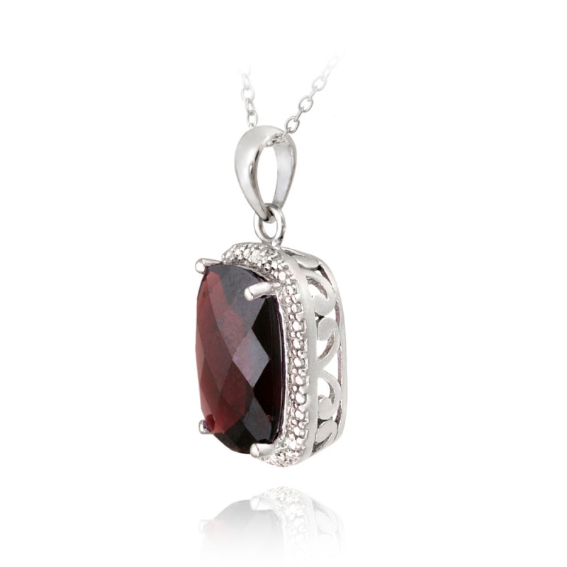 Sterling Silver 7Ct Garnet & Diamond Accent Cushion Cut Necklace