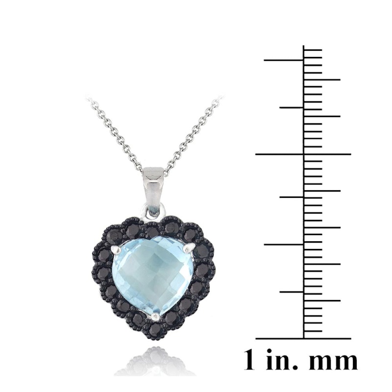 Sterling Silver 4Ct Blue Topaz & Black Spinel Heart Necklace